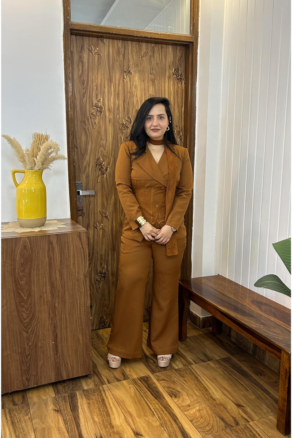 Mocha Imported Co-ord Set with lace scarf
