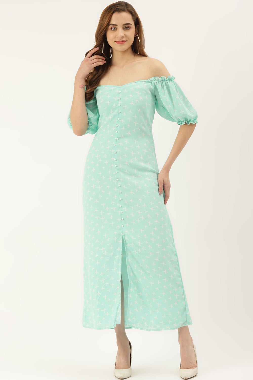 Mint Green Off Shoulder Pearl Embellished Dress