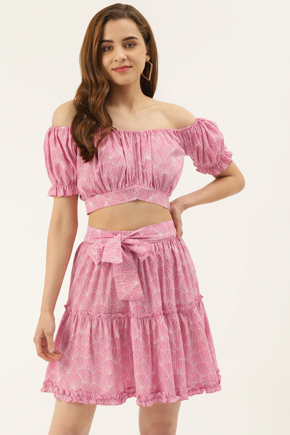 Pink Printed Off Shoulder Top with Frilled Skirt Set