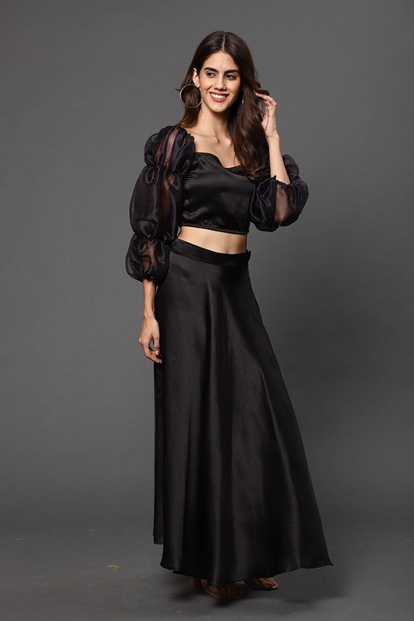 Black organza top with satin skirt