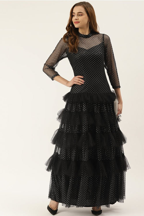Black Embellished Net Ruff Dress
