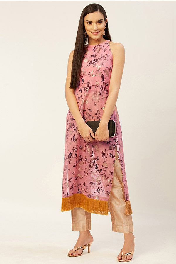 Golden flower printed kurta with pants