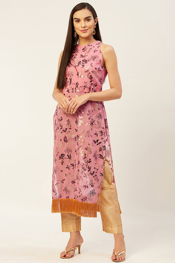 Golden flower printed kurta with pants
