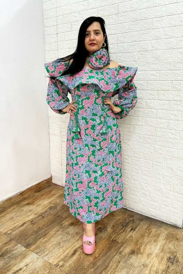Green floral off shoulder dress