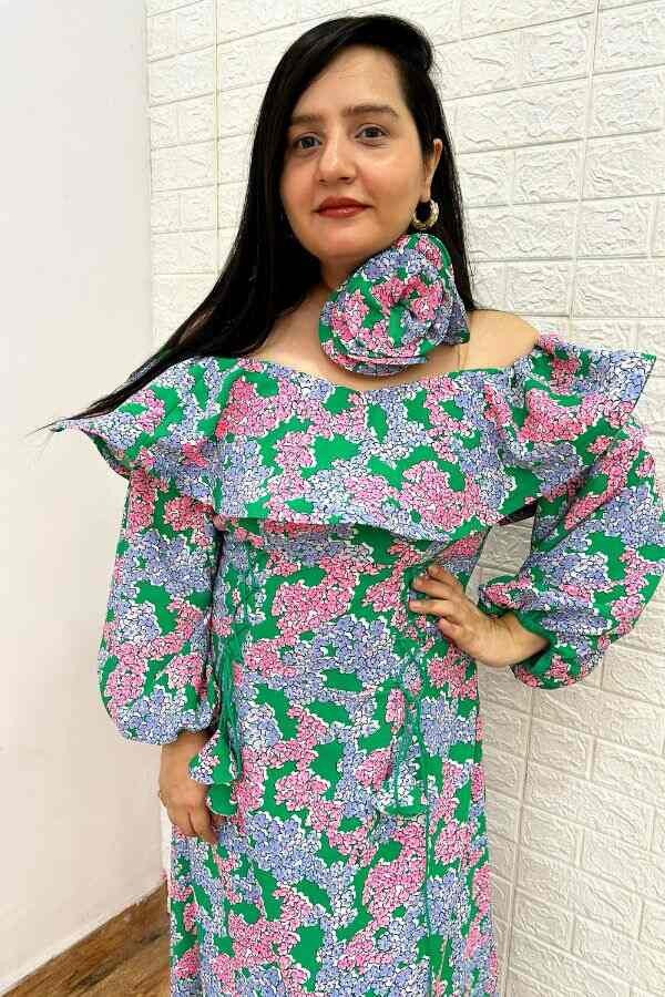 Green floral off shoulder dress