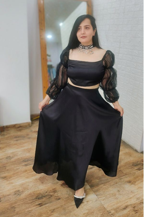 Black organza top with satin skirt