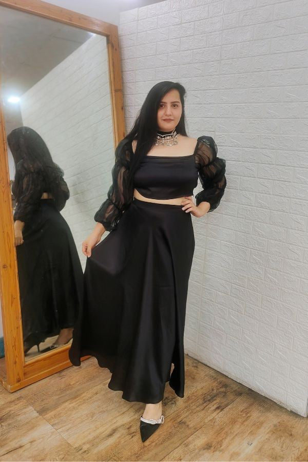 Black organza top with satin skirt