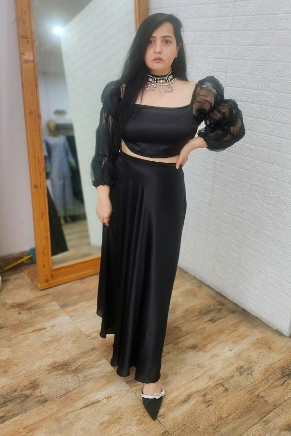 Black organza top with satin skirt