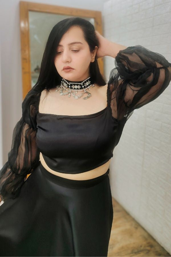 Black organza top with satin skirt