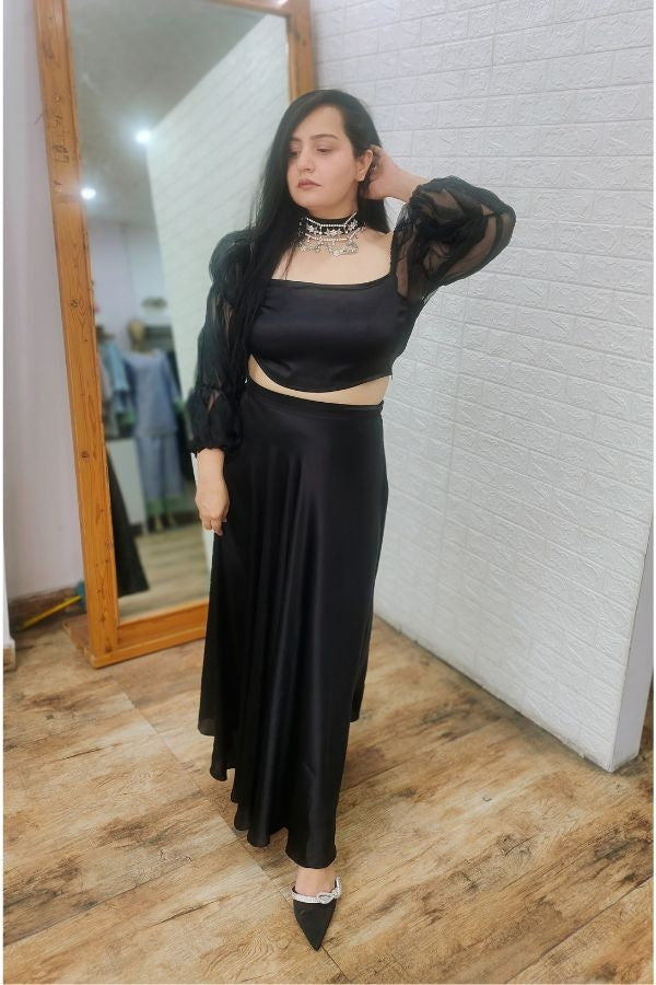 Black organza top with satin skirt