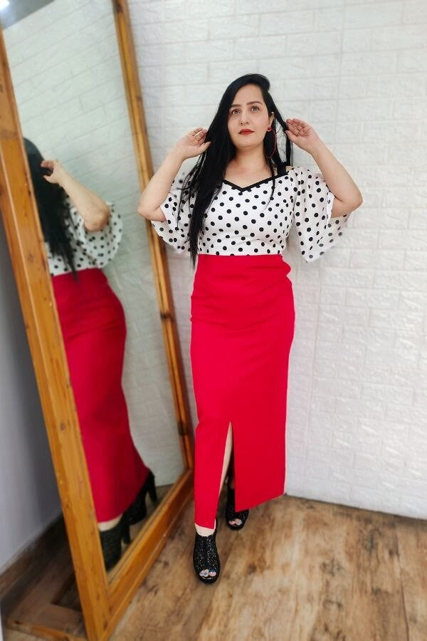 Red and white polka dot dress