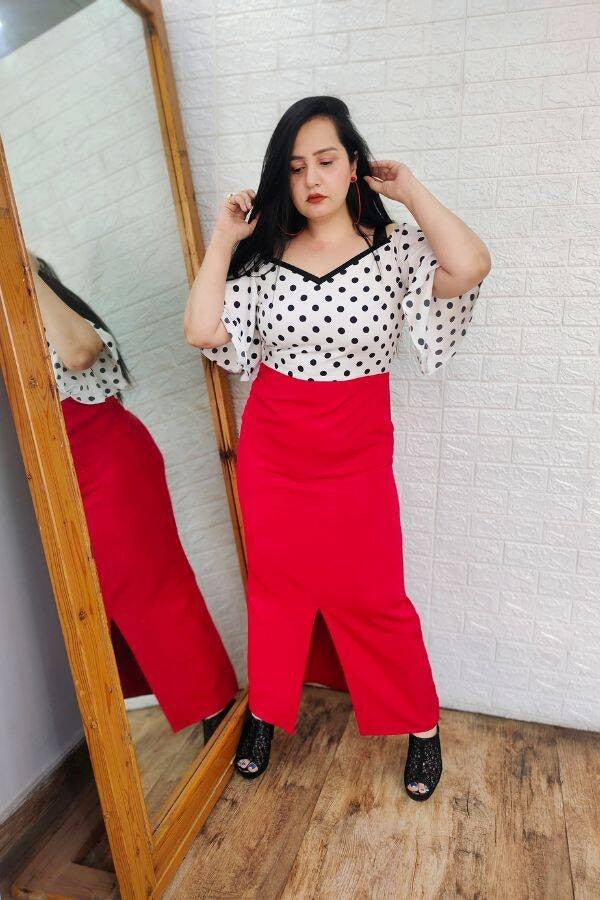 Red and white polka dot dress