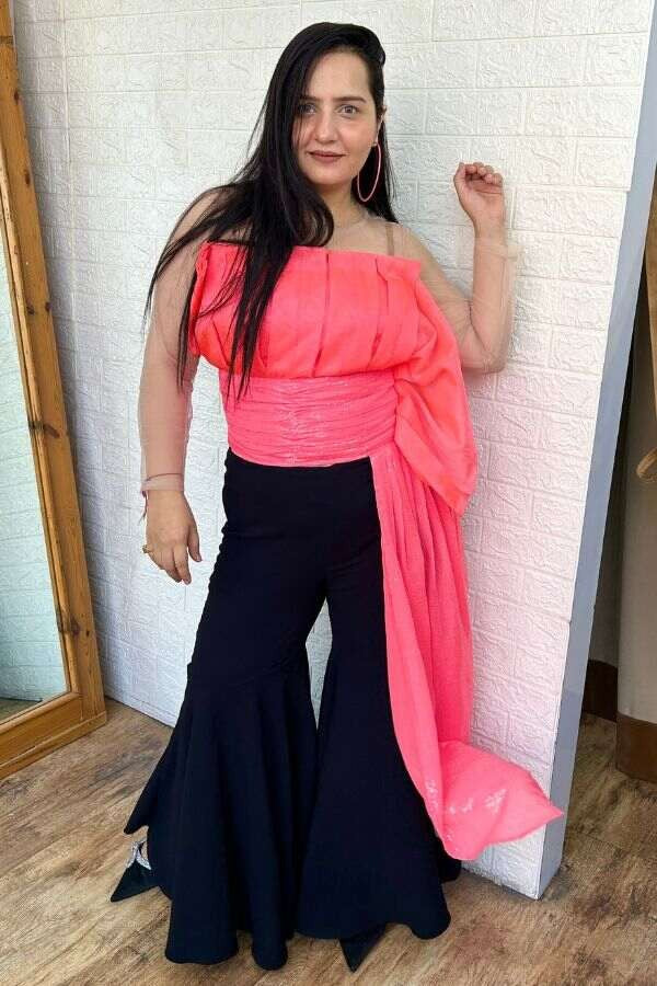 Neon pink organza and sequins top