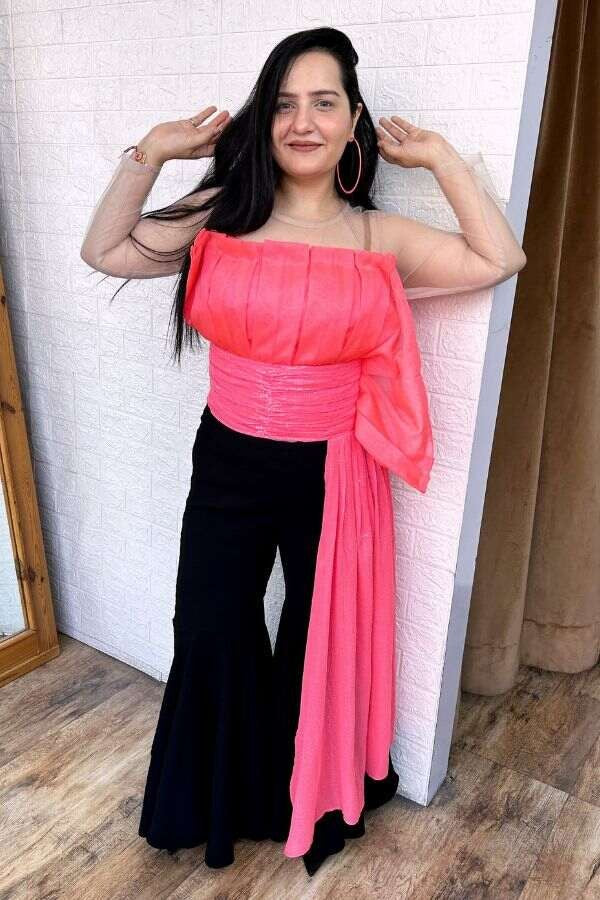 Neon pink organza and sequins top