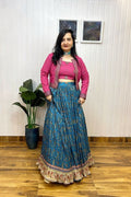 Pink Embroidered Cropped Jacket with Printed Blue Skirt