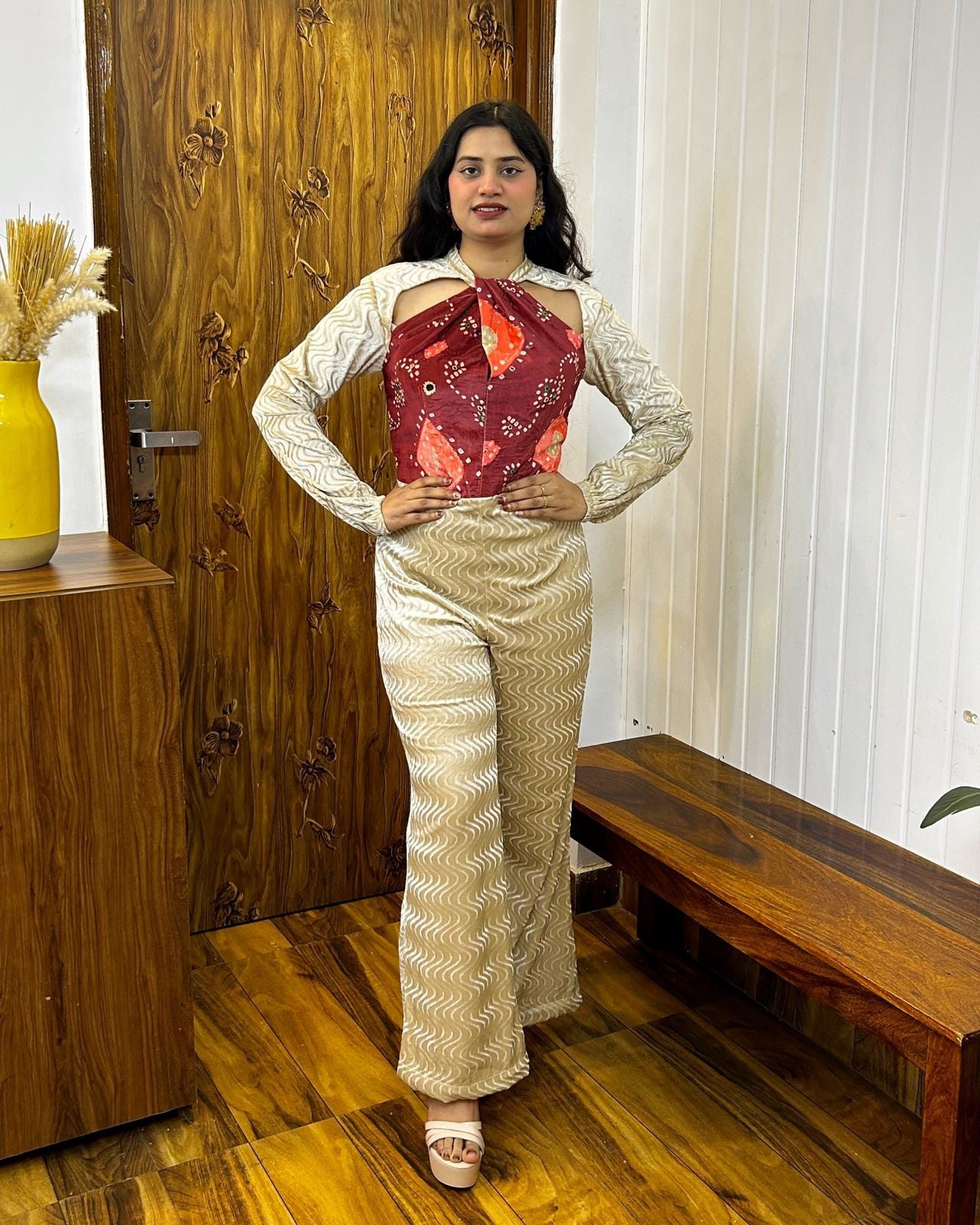 Beige Bandhej jumpsuit