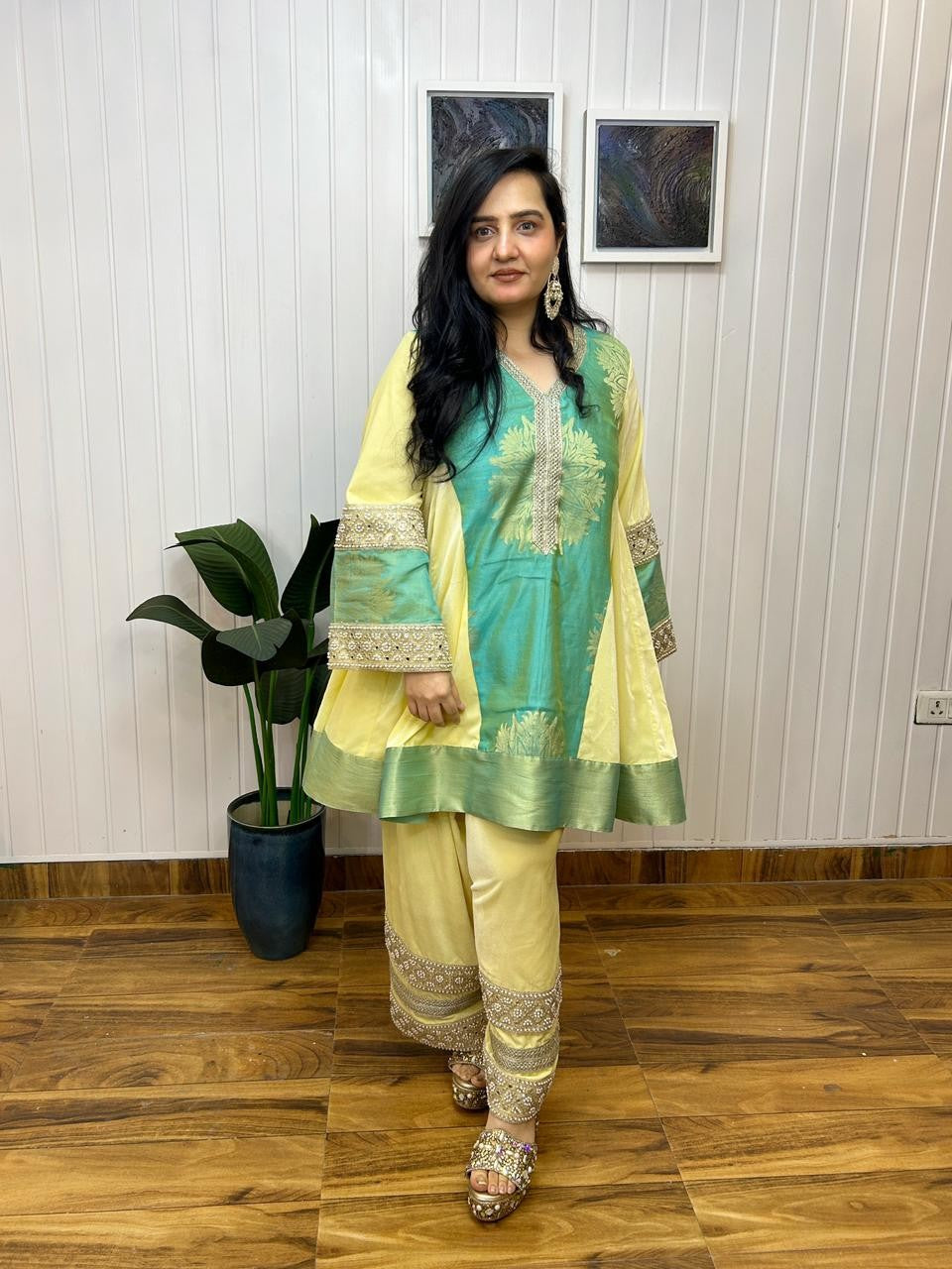 Zehra aqua & lime festive suit set