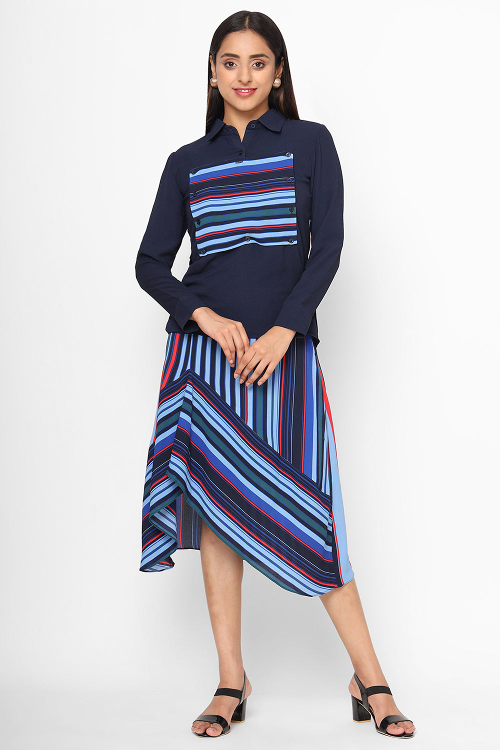 Navy Blue Striped Shirt With Asymmetric Skirt Set