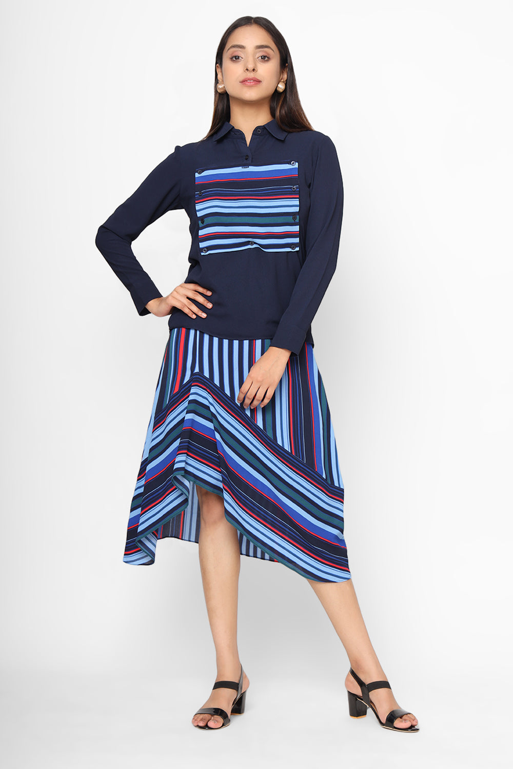 Navy Blue Striped Shirt With Asymmetric Skirt Set