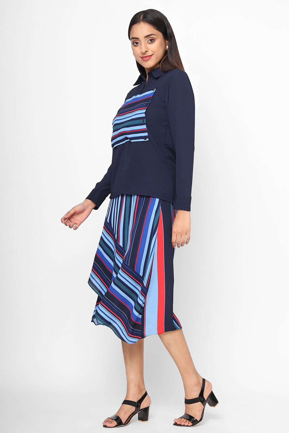 Navy Blue Striped Shirt With Asymmetric Skirt Set