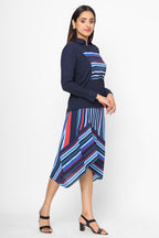 Navy Blue Striped Shirt With Asymmetric Skirt Set