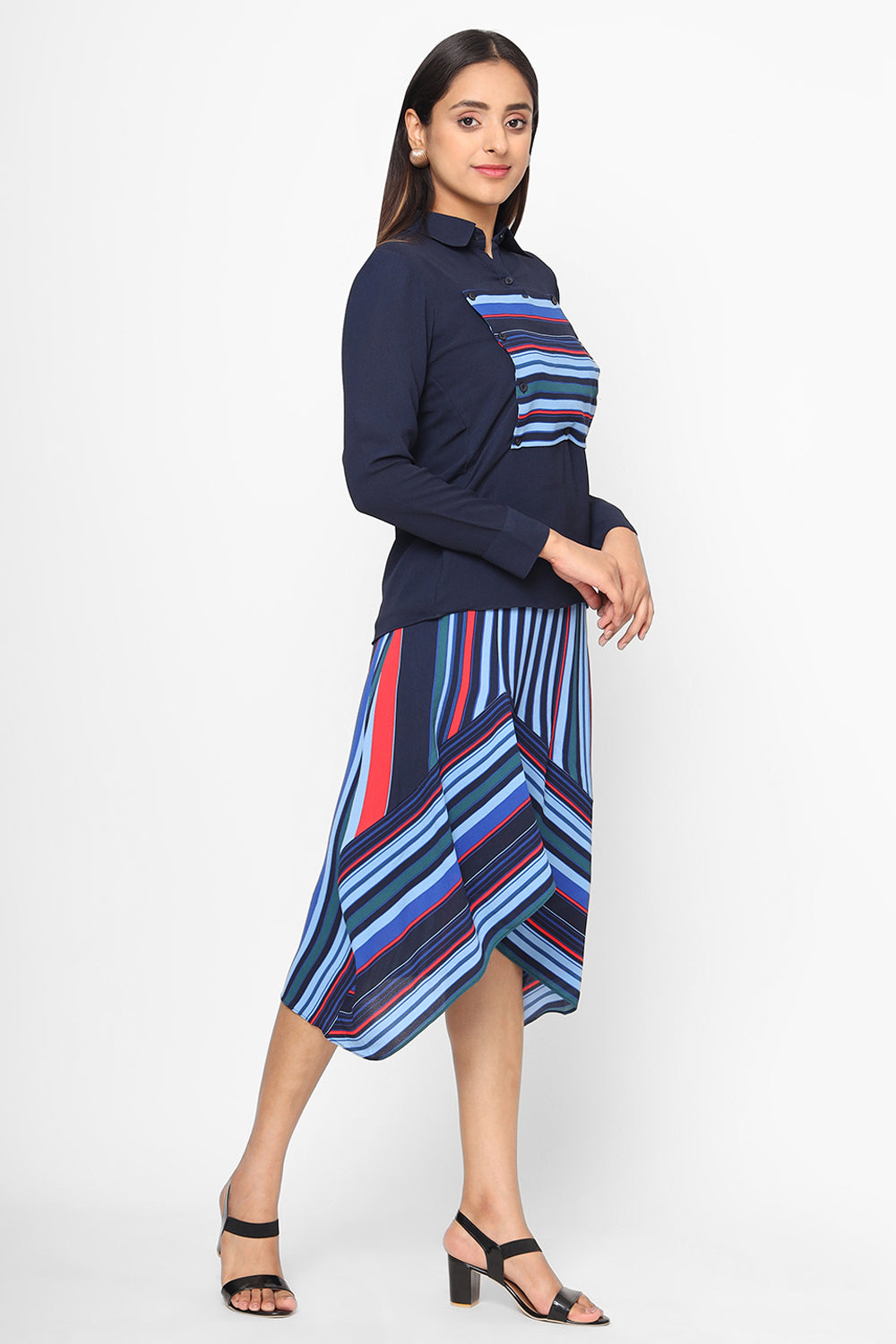 Navy Blue Striped Shirt With Asymmetric Skirt Set