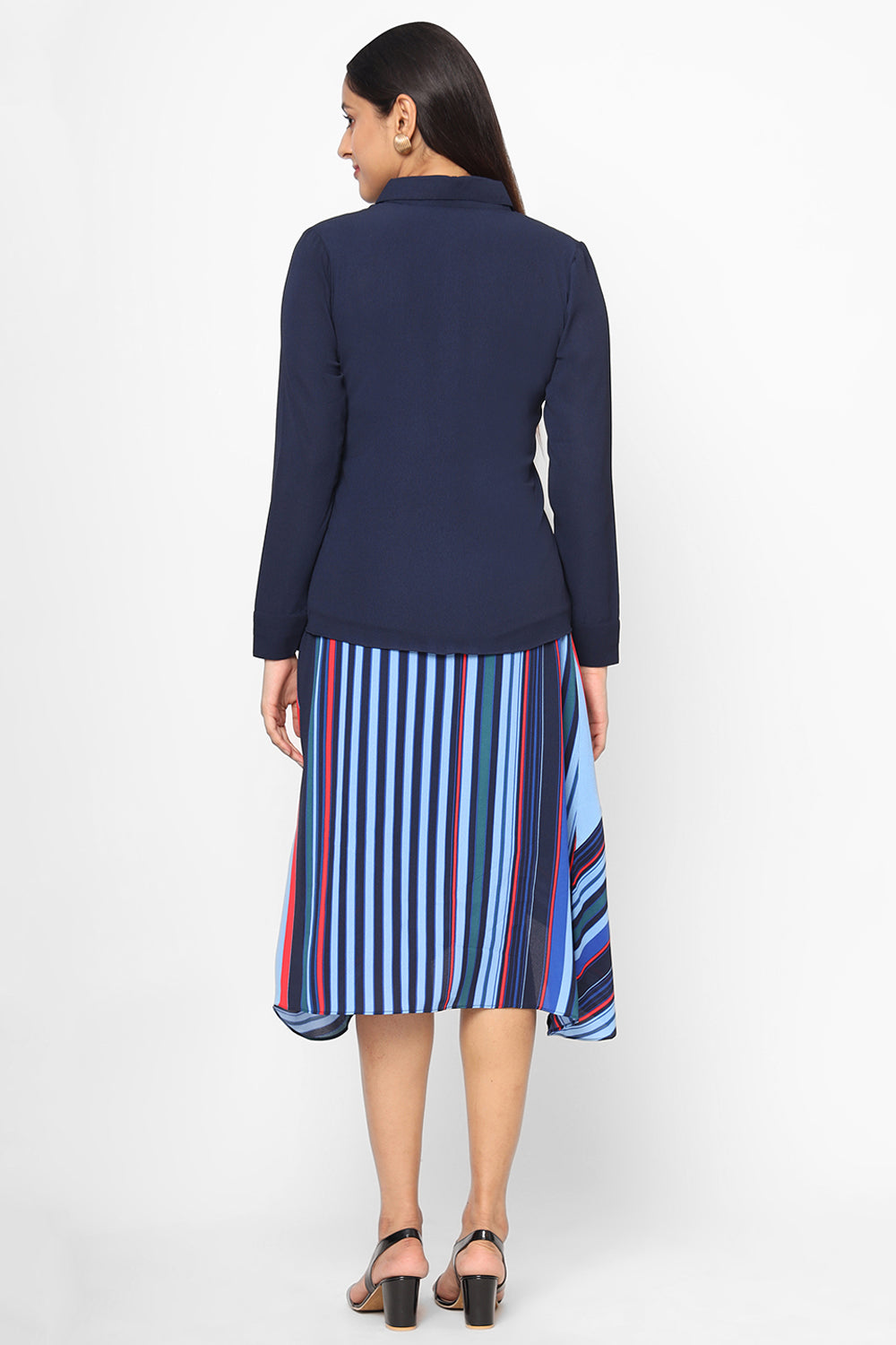 Navy Blue Striped Shirt With Asymmetric Skirt Set