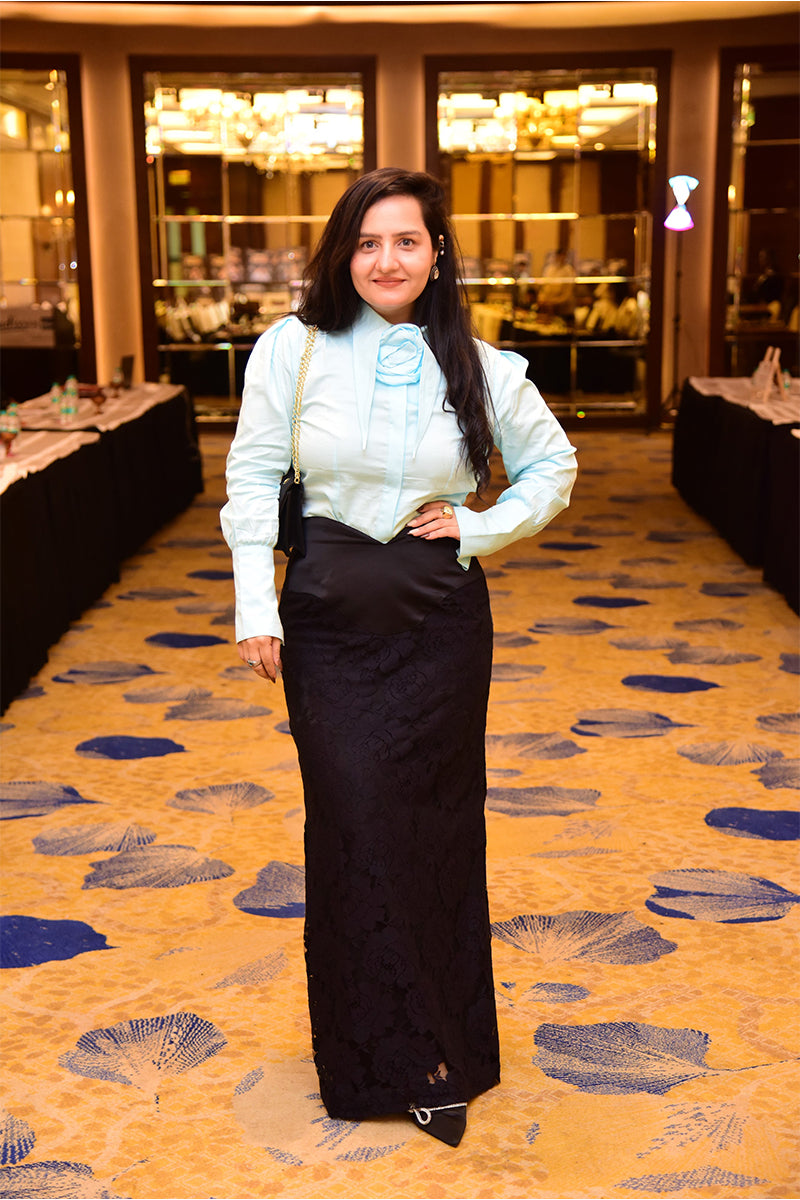 Blue statement shirt with lace skirt set