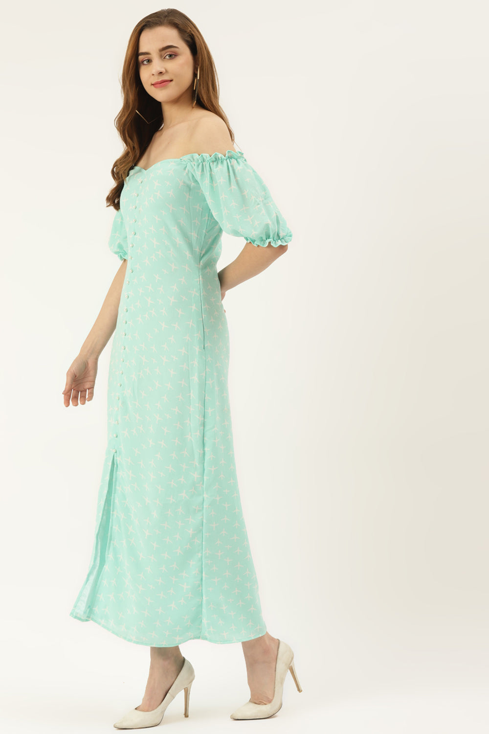 Mint Green Off Shoulder Pearl Embellished Dress