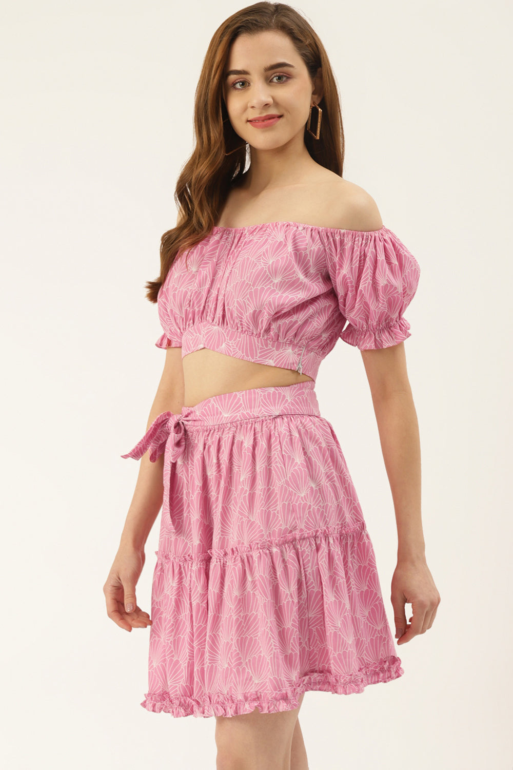 Pink Printed Off Shoulder Top with Frilled Skirt Set