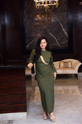 Olive Net Panel Slit Dress