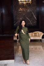 Olive Net Panel Slit Dress