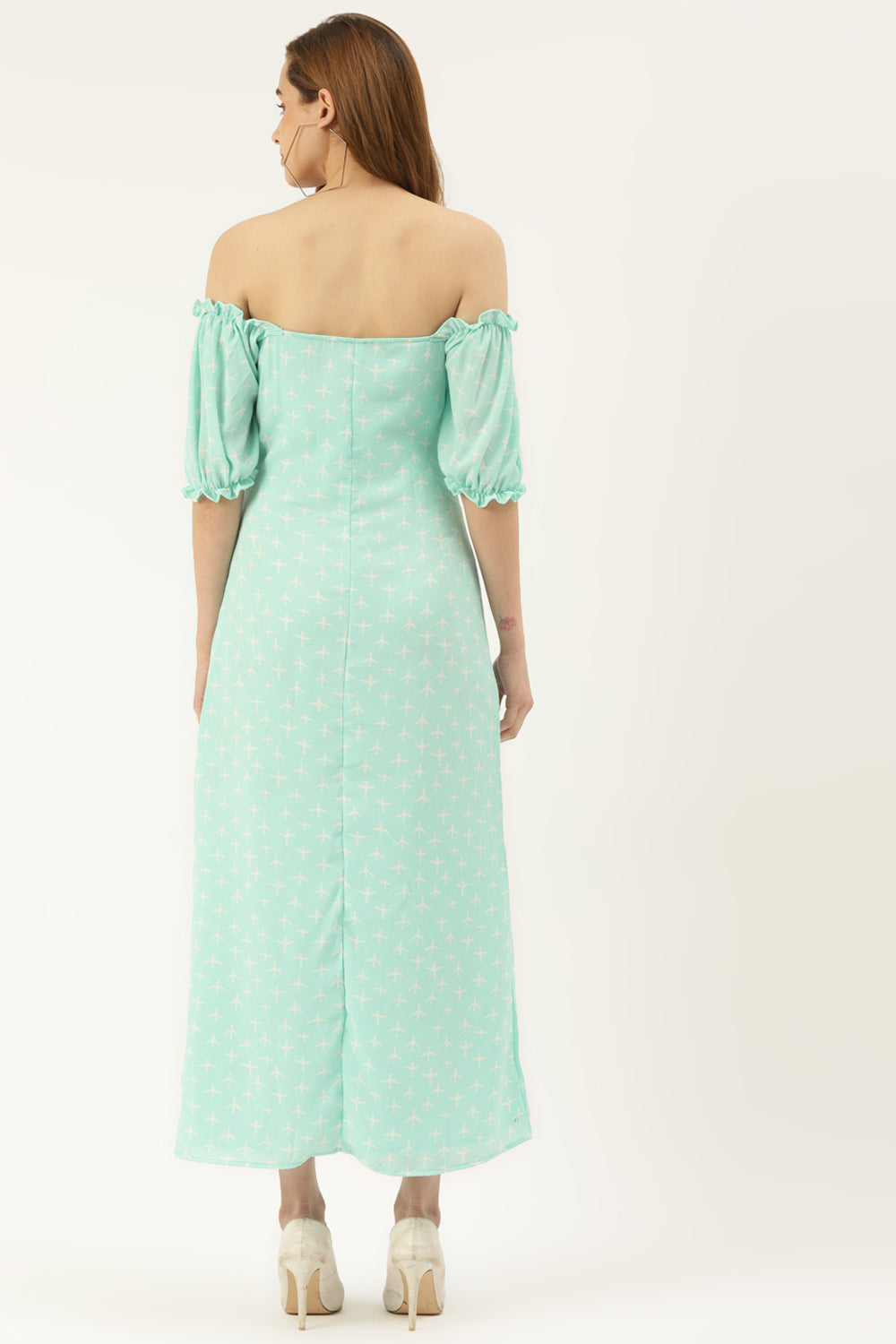 Mint Green Off Shoulder Pearl Embellished Dress