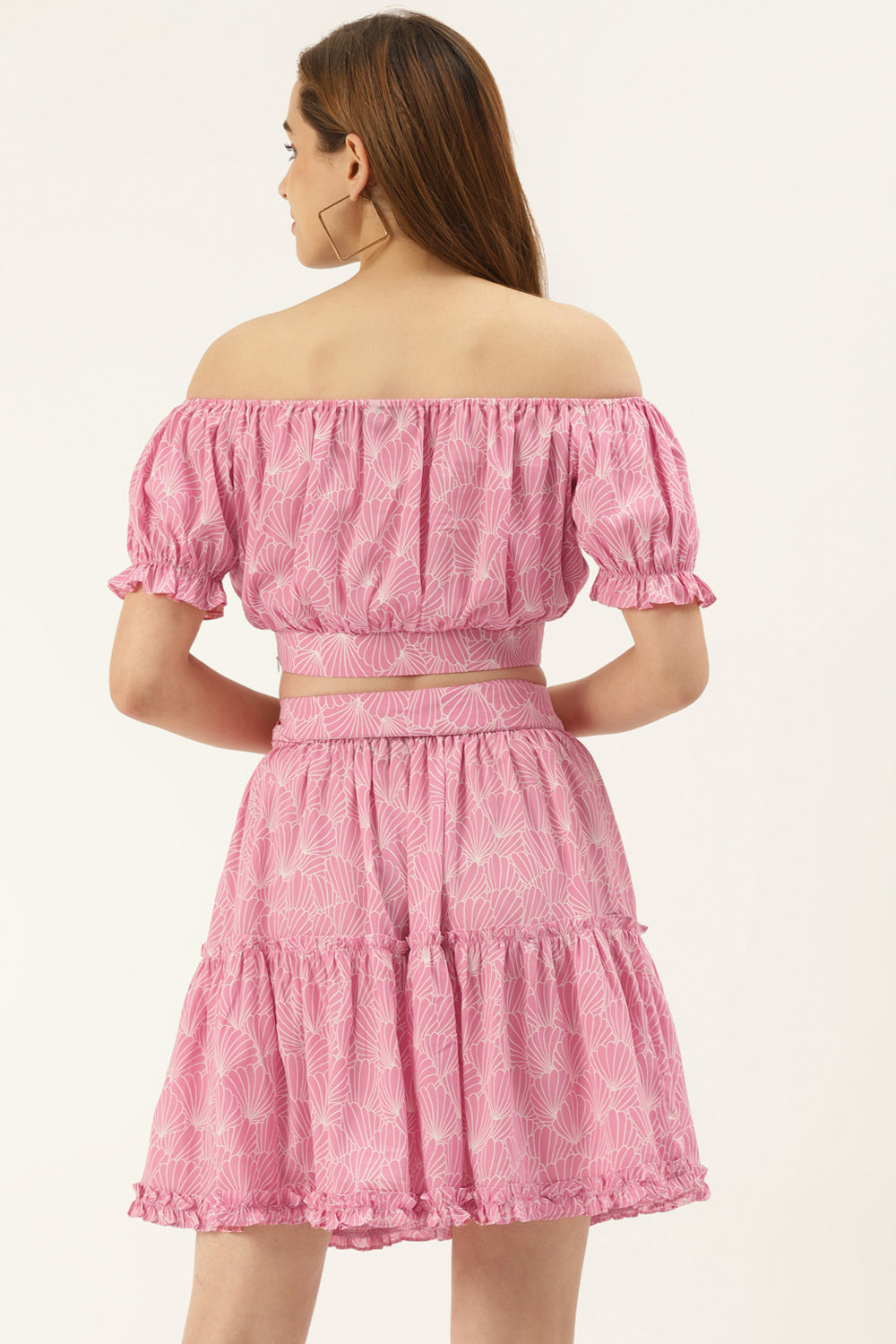 Pink Printed Off Shoulder Top with Frilled Skirt Set