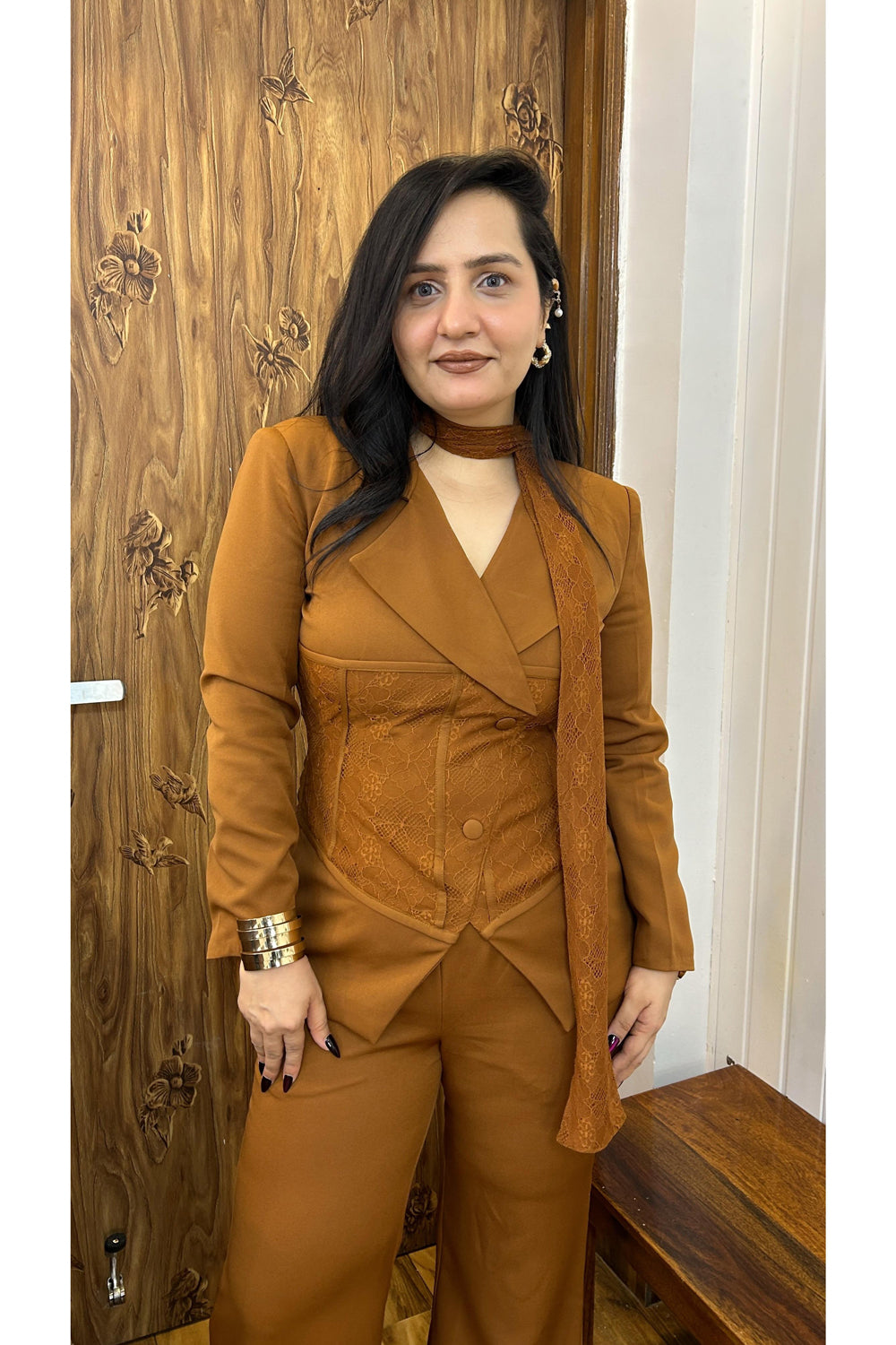 Mocha Imported Co-ord Set with lace scarf