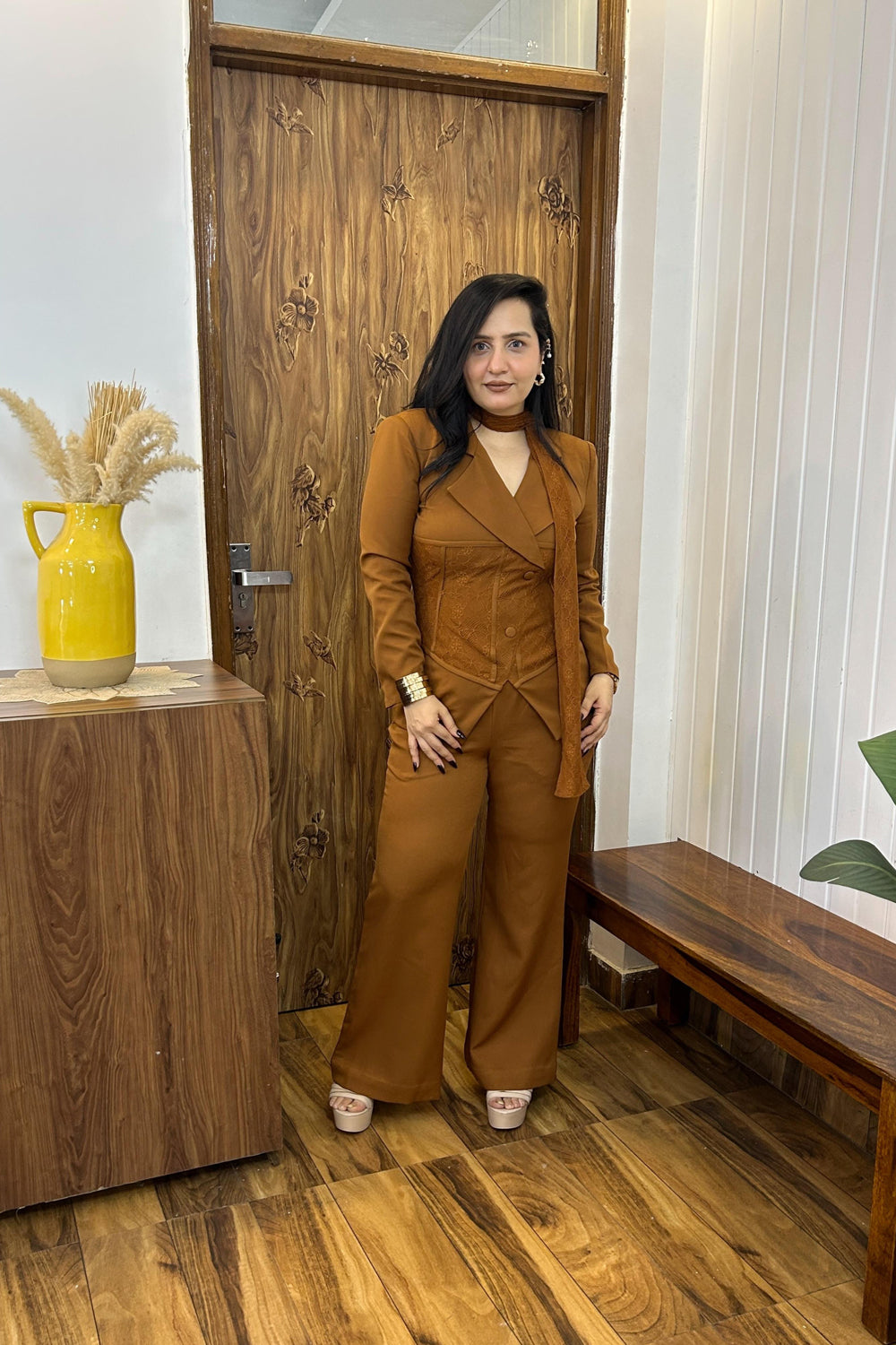 Mocha Imported Co-ord Set with lace scarf