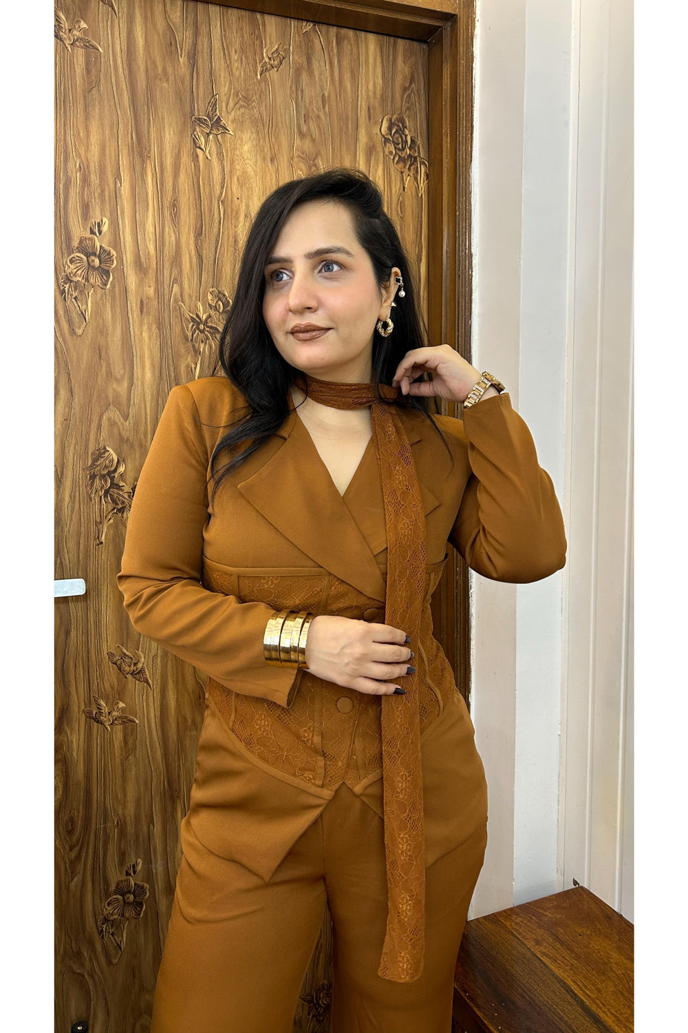 Mocha Imported Co-ord Set with lace scarf