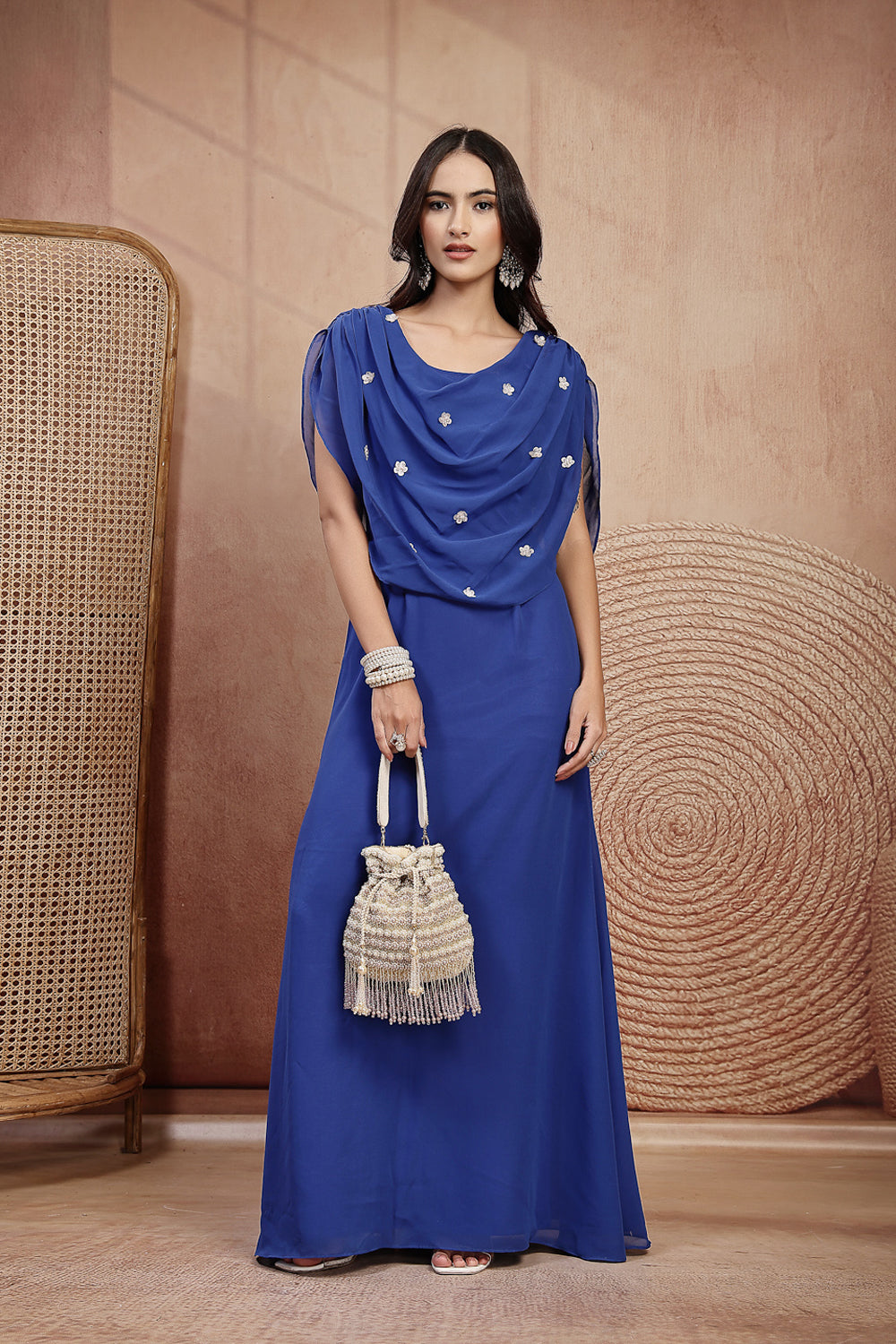 Royal Blue Cowl Georgette Dress