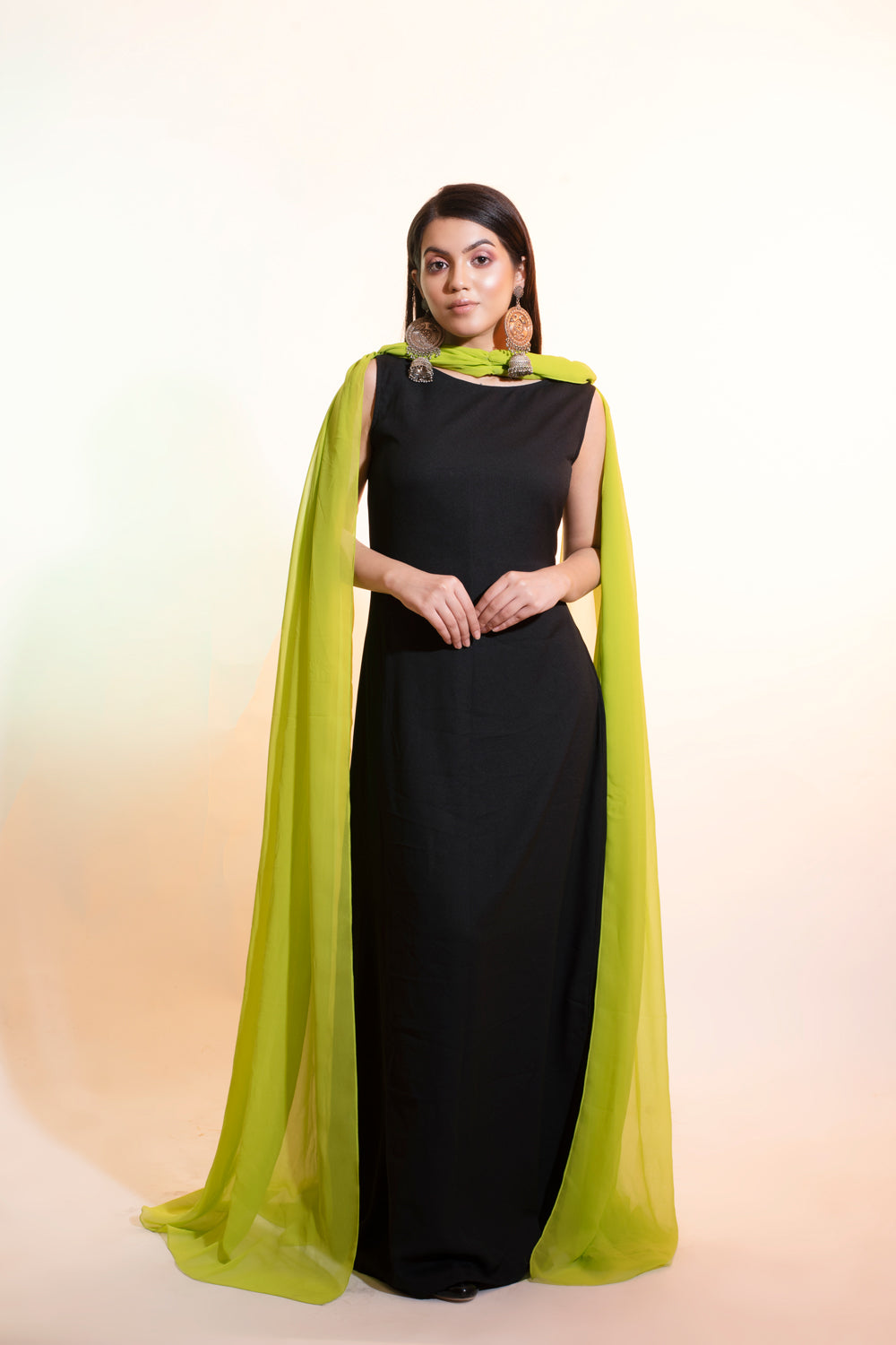 Black Georgette Dress with Green Stole