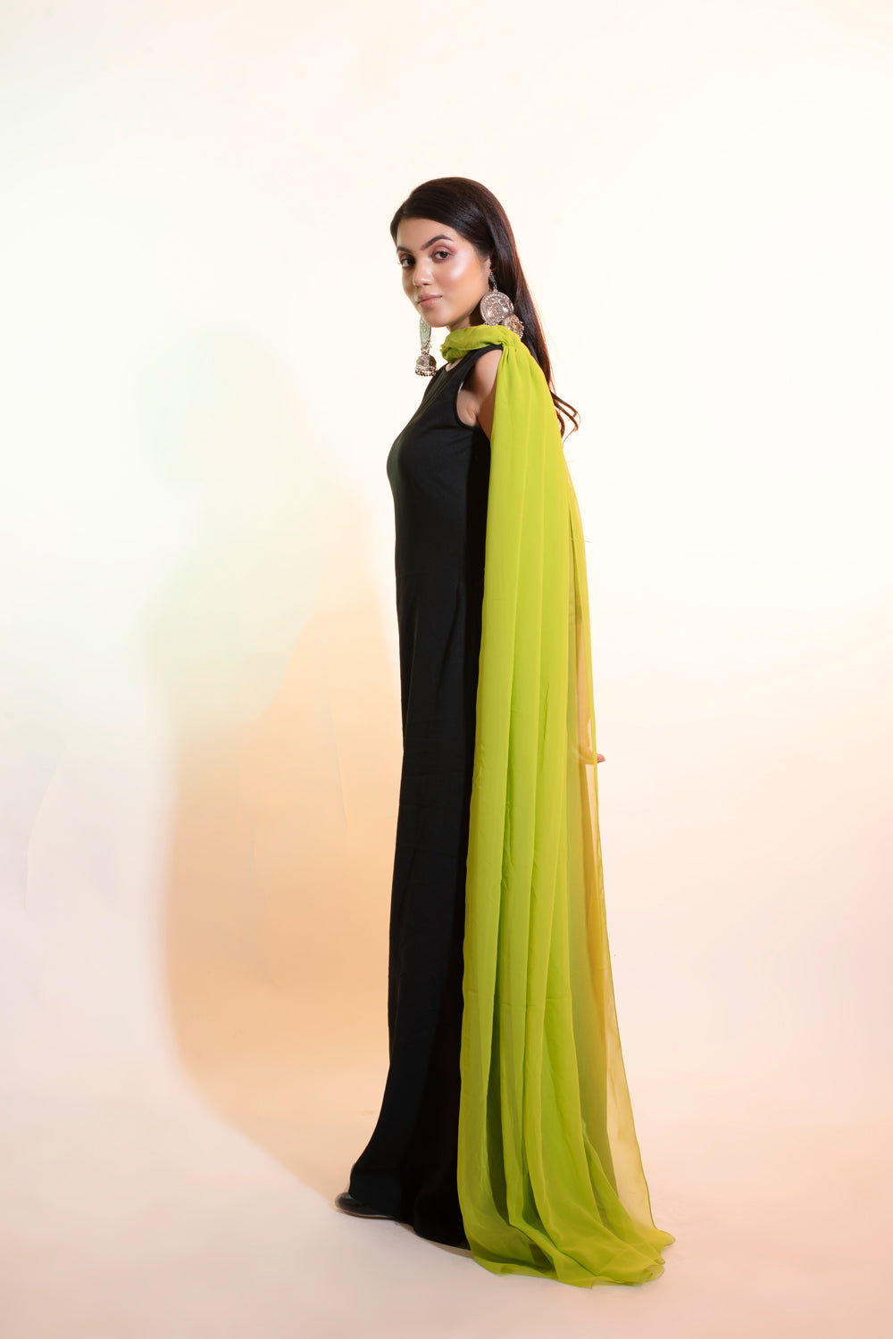 Black Georgette Dress with Green Stole