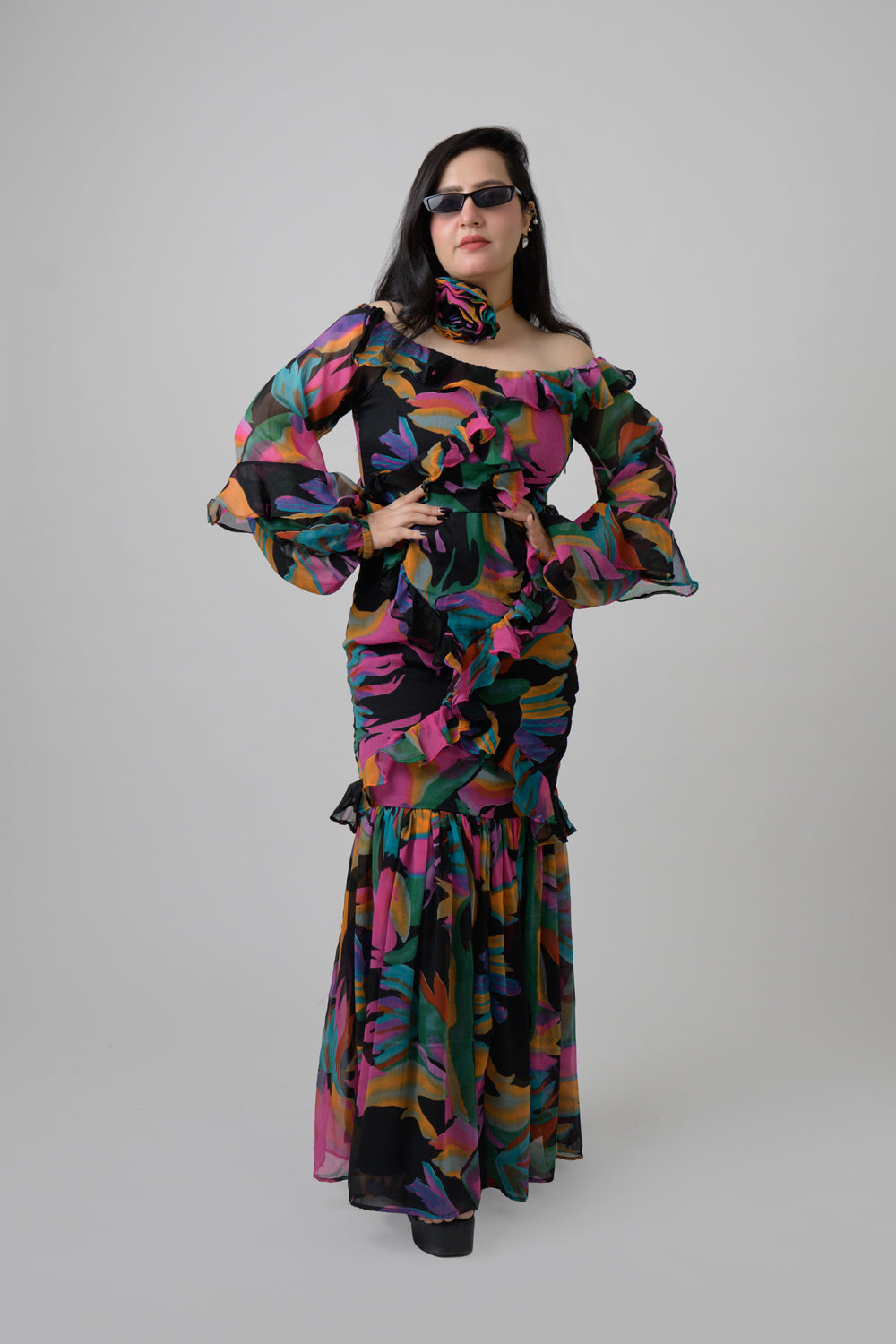 Black Chiffon Frilled Dress with Pocket
