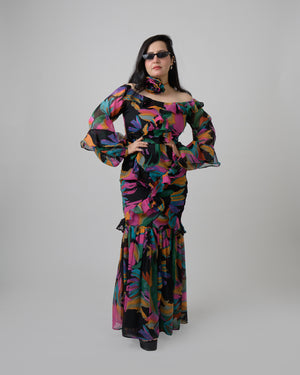 Multicolored off shoulder frill dress