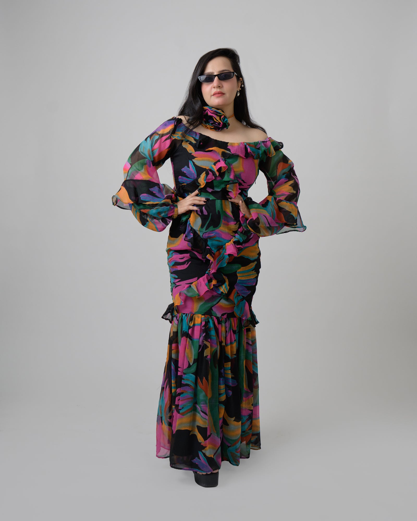 Multicolored off shoulder frill dress