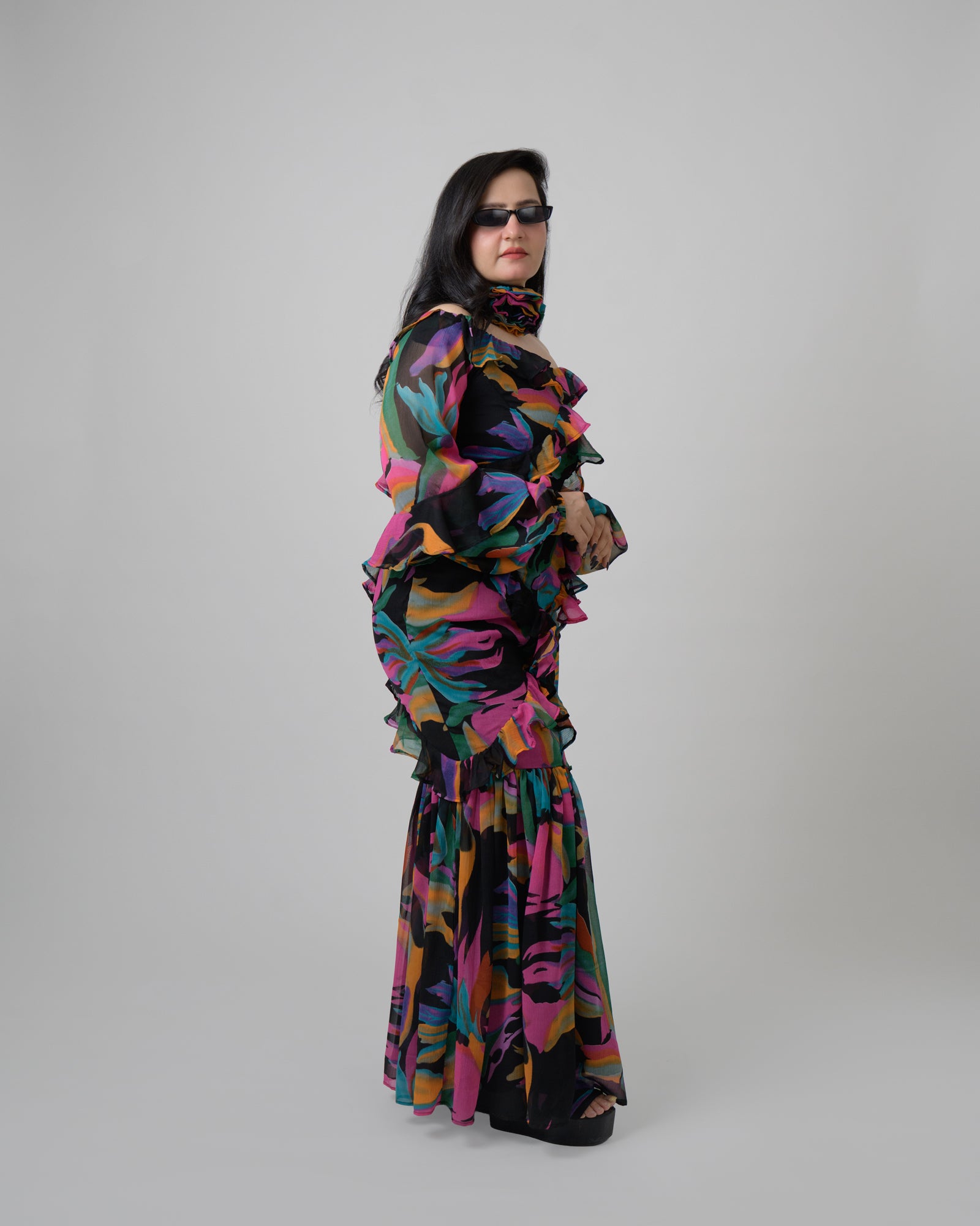 Multicolored off shoulder frill dress