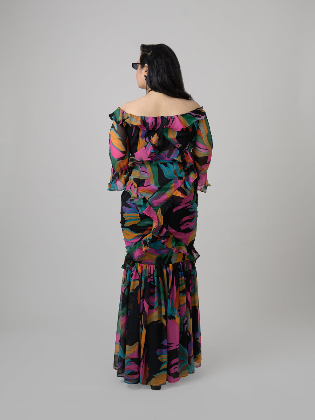 Multicolored off shoulder frill dress