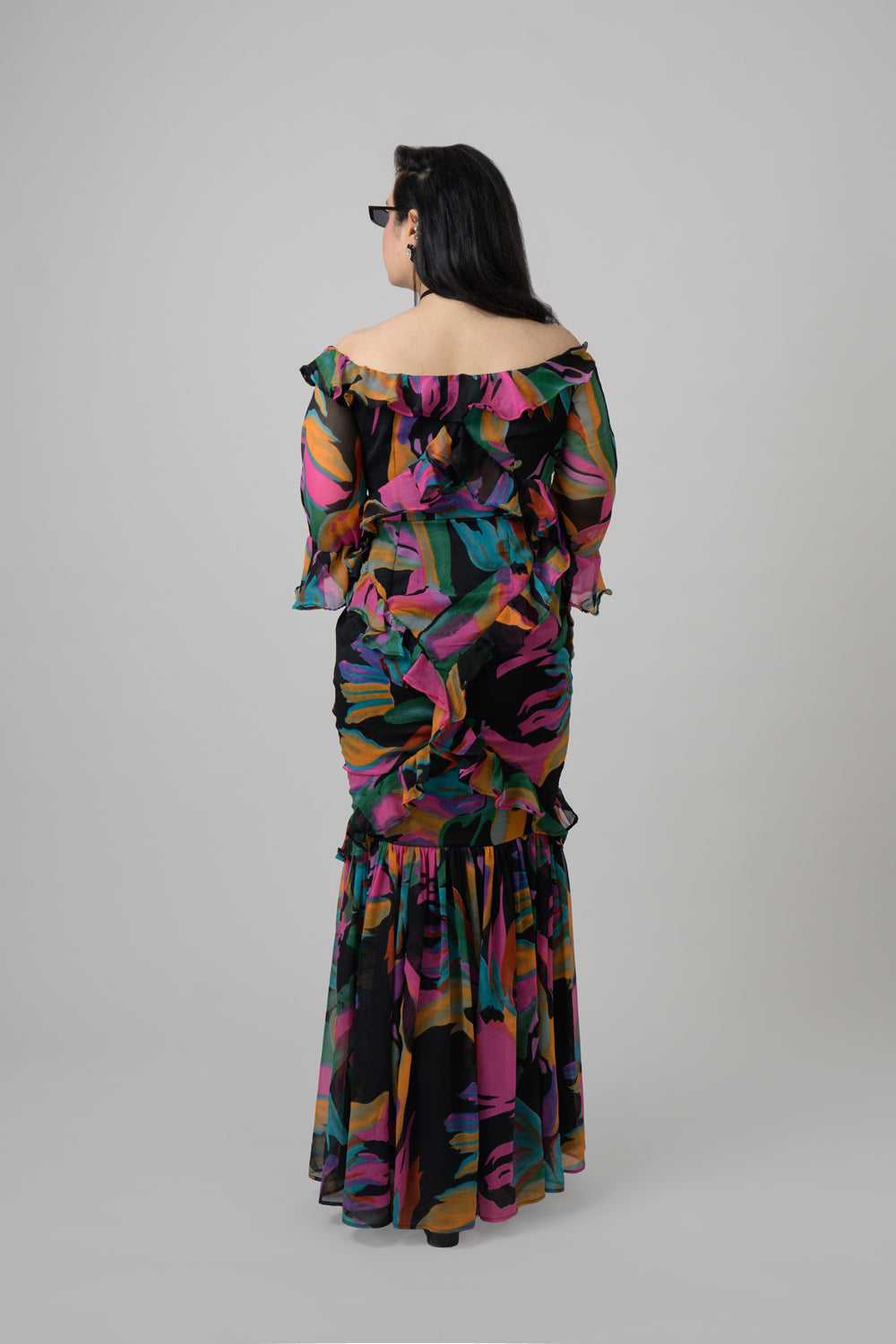 Black Chiffon Frilled Dress with Pocket