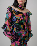 Multicolored off shoulder frill dress