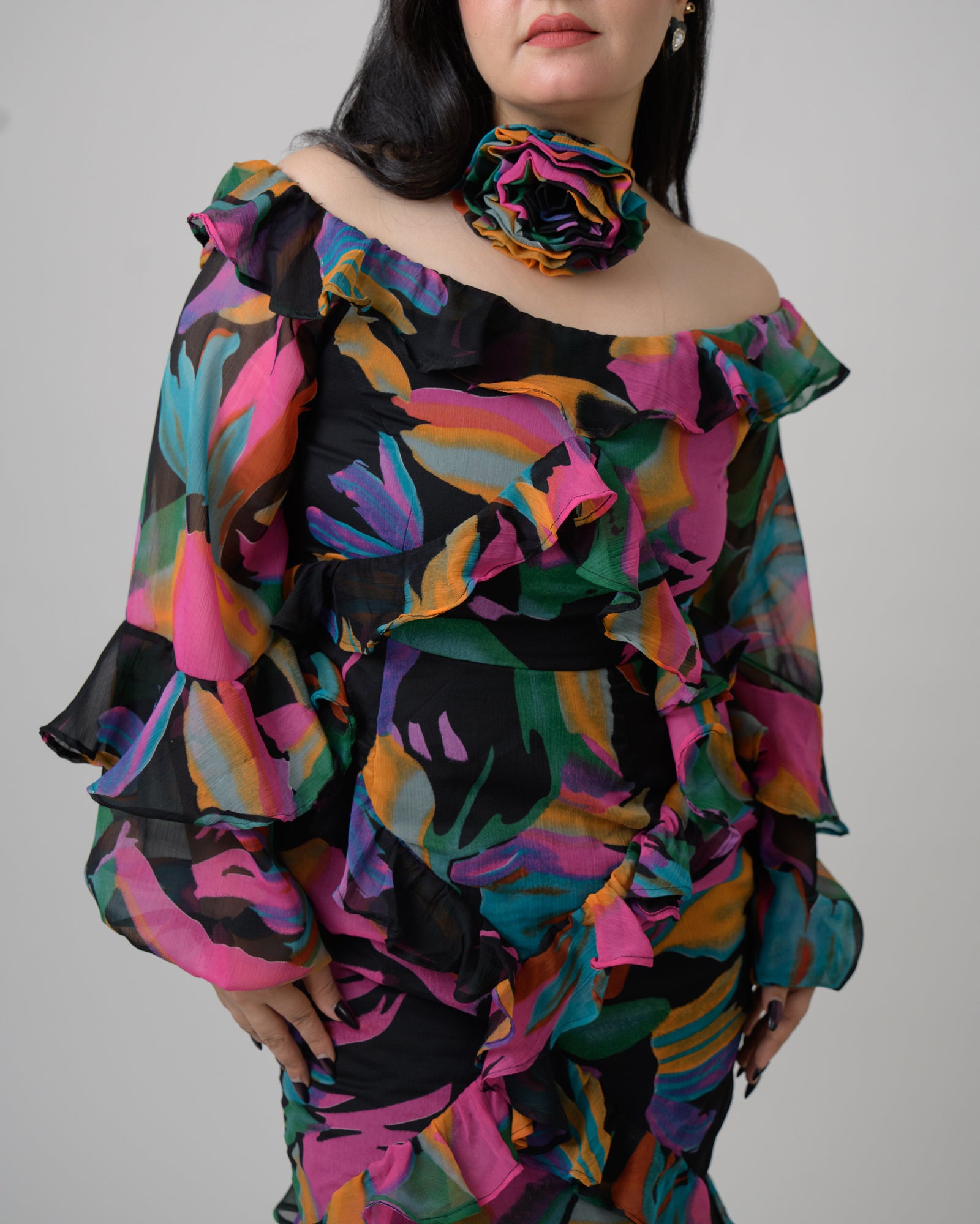 Multicolored off shoulder frill dress