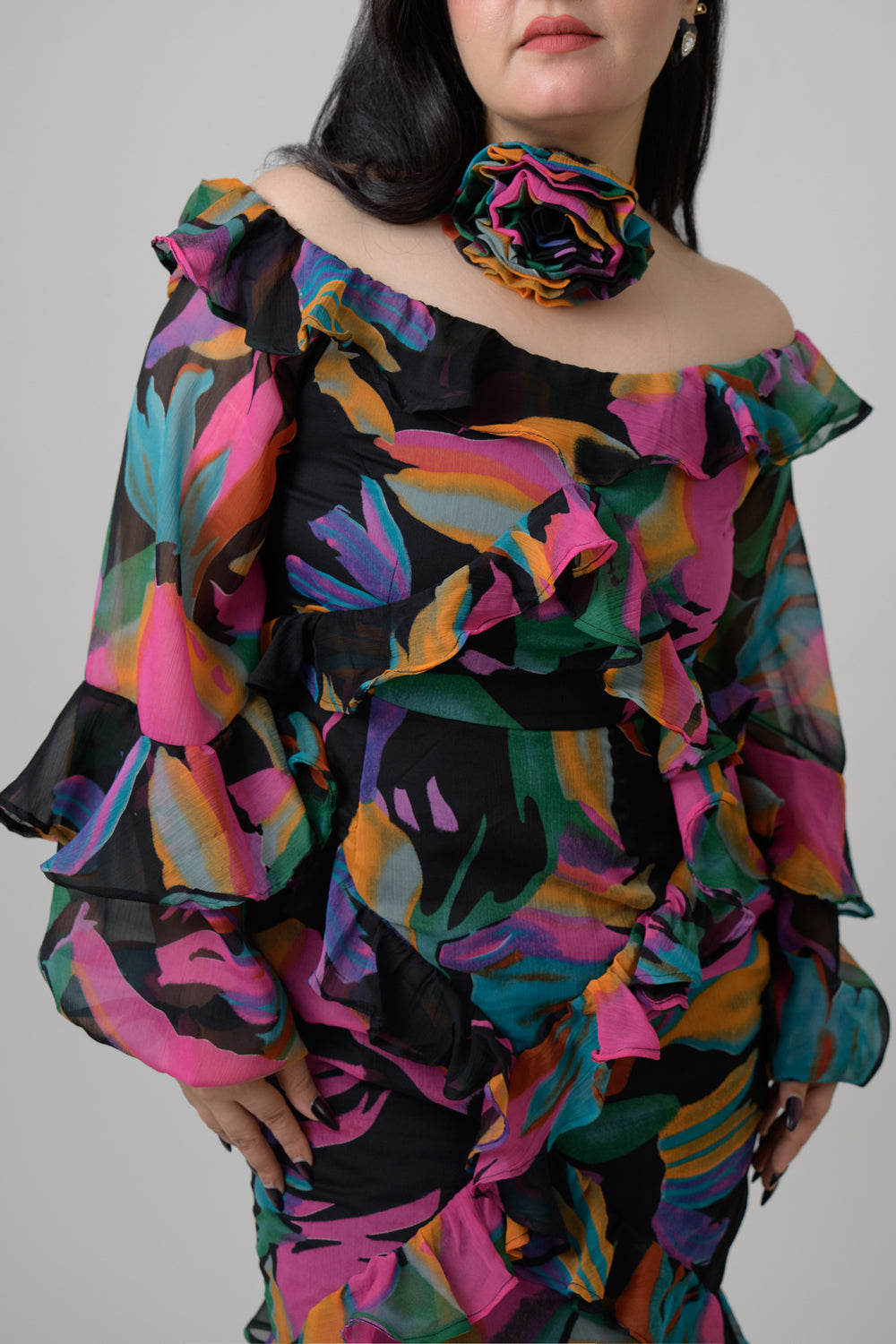Black Chiffon Frilled Dress with Pocket