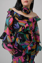 Black Chiffon Frilled Dress with Pocket
